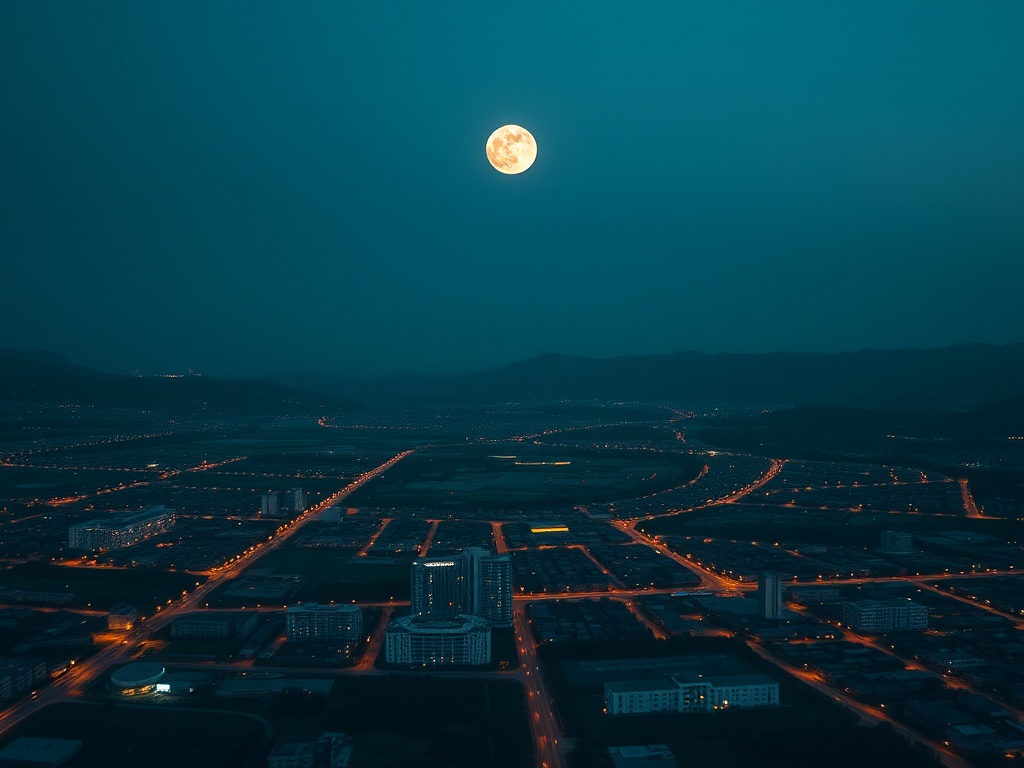 A vibrant cityscape illuminated by the full moon at night, with roads glowing under streetlights.