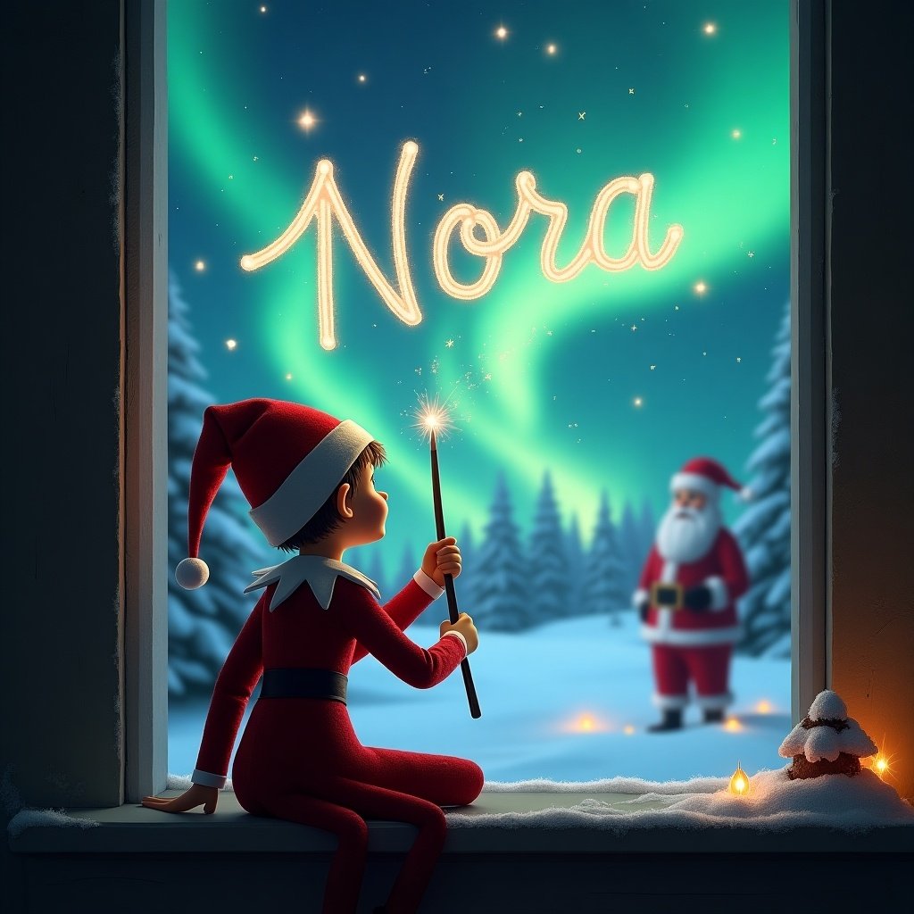 An elf on the shelf is seen with his back towards the viewer, facing a beautiful winter landscape. He holds a magic wand, using it to write the name 'Nora' in the sky. The background features mesmerizing northern lights illuminating the night. In the distance, Santa Claus stands amidst the snow-covered trees. This scene captures the essence of Christmas magic and wonder, inviting viewers into a whimsical holiday world.