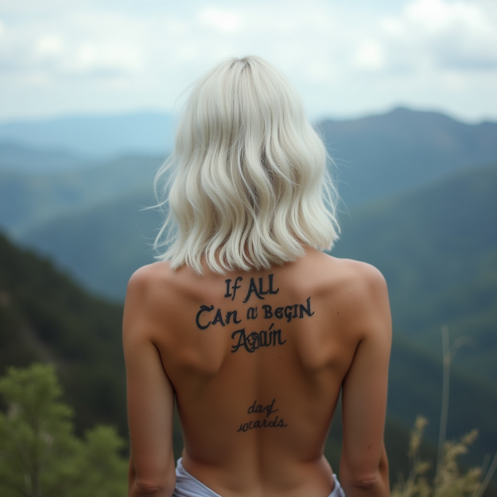 A person with blonde hair stands with their back turned, showcasing a tattoo, amidst a scenic mountain landscape.