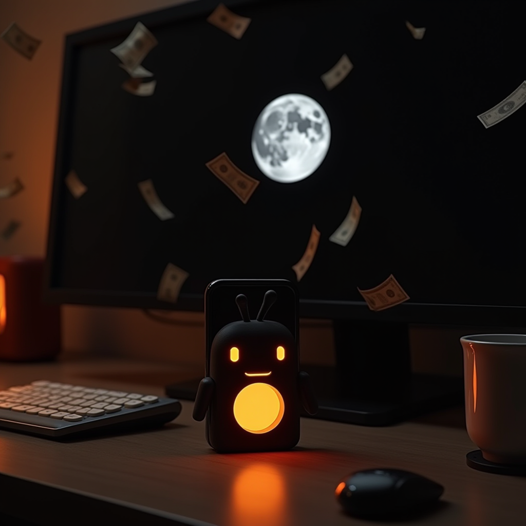 A smartphone with a glowing orange mascot stands on a desk in front of a monitor displaying a moon, with floating cash and a warm-lit mug.