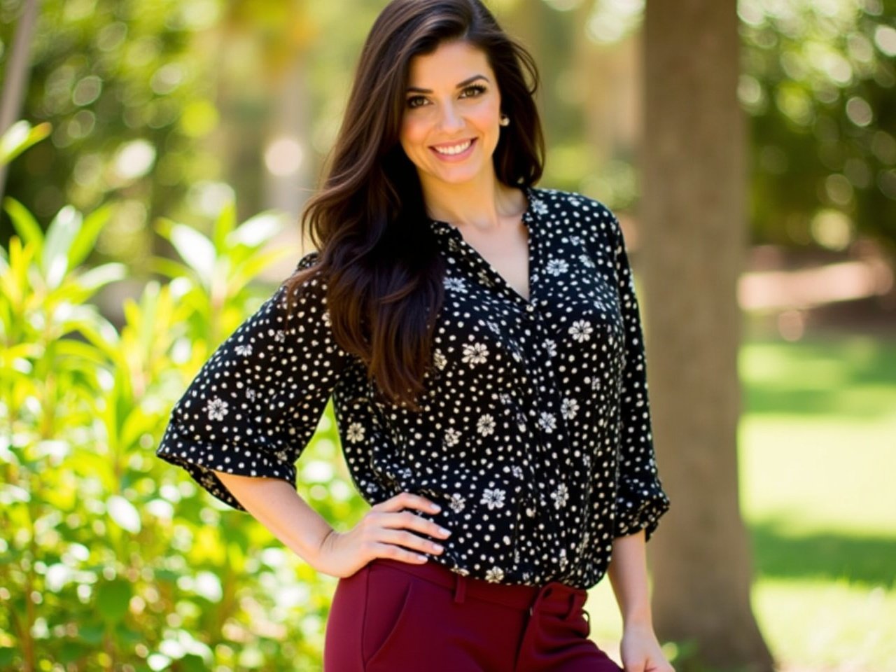 The image features a woman posing confidently outdoors. She has long, dark hair and is wearing a stylish black blouse adorned with white polka dots and floral patterns. Her outfit is paired with burgundy pants, adding a touch of bold color to her look. The background displays greenery, suggesting a relaxed and vibrant environment. The lighting is warm, highlighting her features and the details of her attire. She stands with one hand on her hip, exuding a sense of poise and charm.