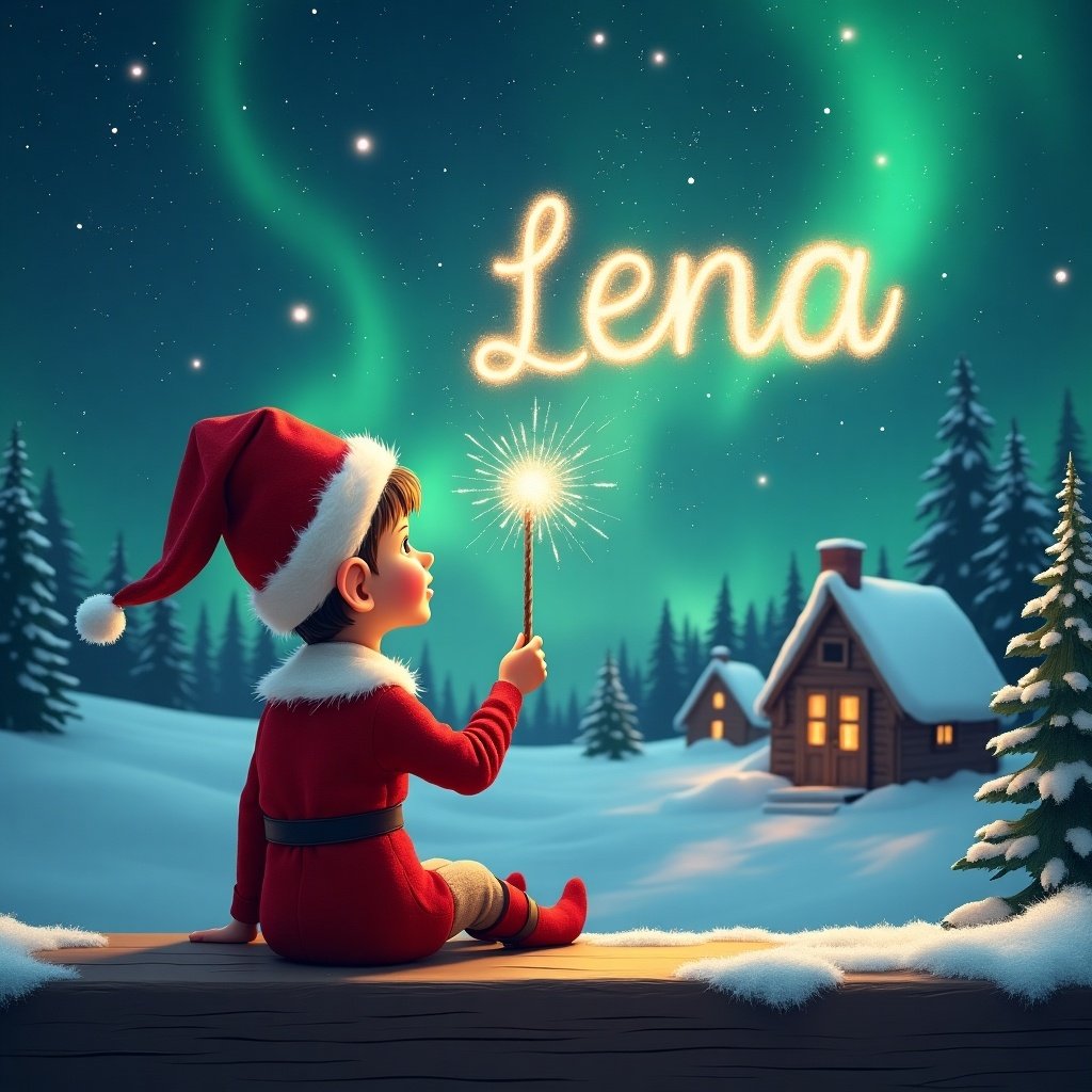 An elf sits on a wooden ledge with its back to the camera, gazing at a magical sky. The elf, dressed in a red outfit with a pointed hat, holds a sparkling wand. With the wand, the elf elegantly writes the name Lena in the starry sky. The background features a snowy landscape with charming little houses and evergreen trees under the shimmering Northern Lights. This whimsical scene captures the essence of childhood magic and Christmas cheer.