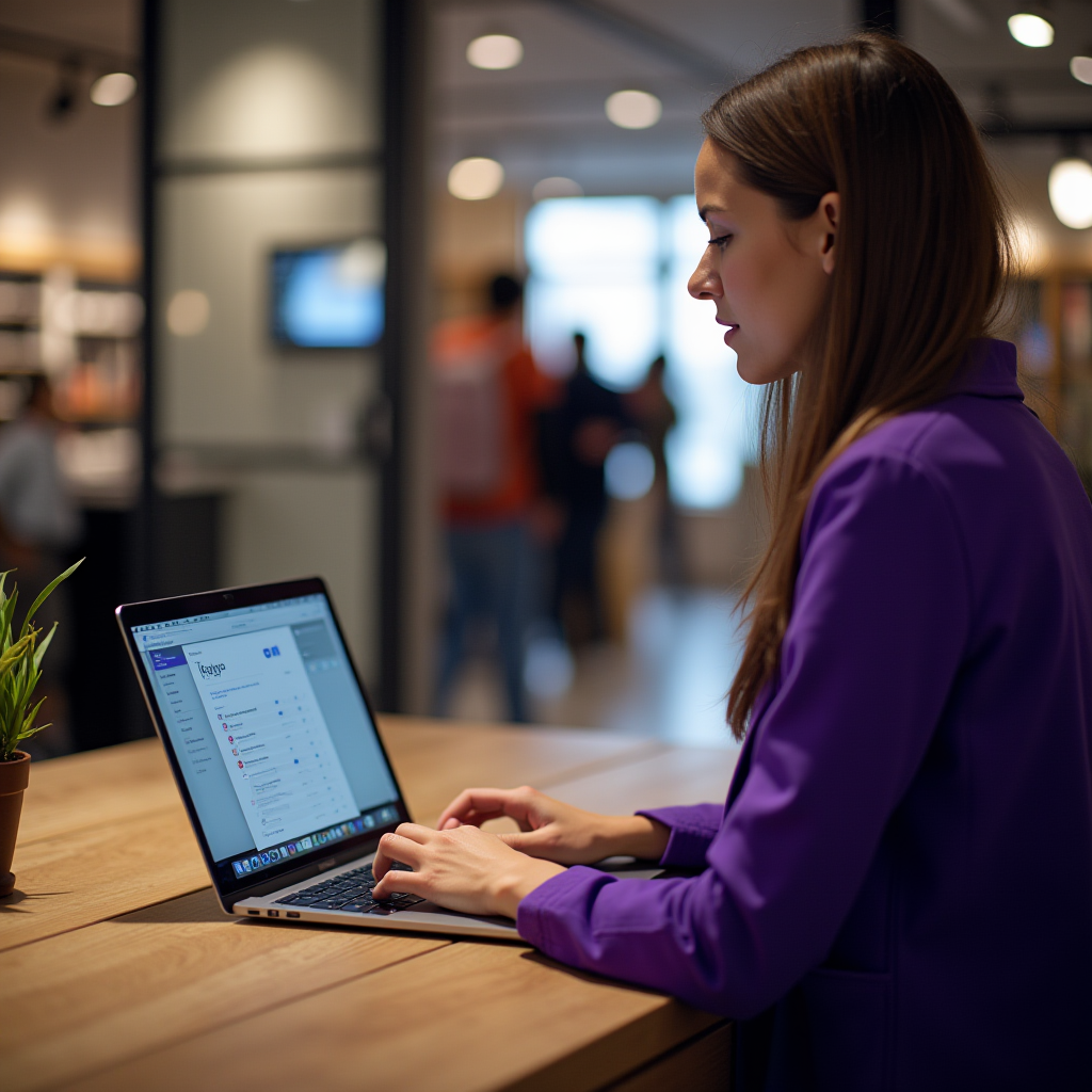 A woman in a purple blazer is focused on her laptop in a modern, open-plan office setting.