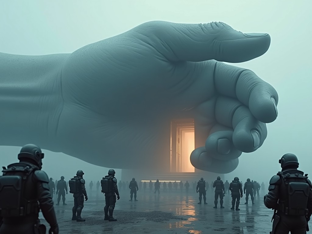 The image features a large, surreal hand looming over a group of soldiers in a foggy environment. The hand appears monumental, symbolizing an overwhelming presence. In the background, there's a doorway that emits a warm glow, hinting at something beyond the fog. The soldiers are dressed in tactical gear, looking small and insignificant against the giant hand. The atmosphere is eerie and thought-provoking, inviting viewers to ponder themes of control and humanity's place in a technological landscape.