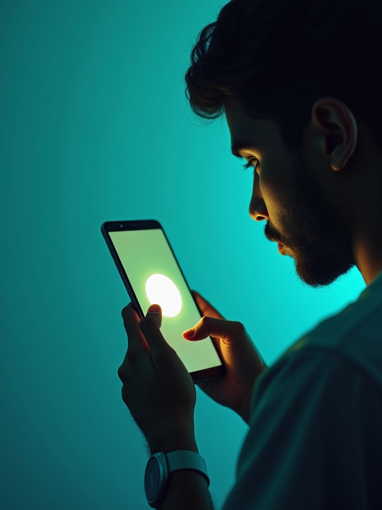 A person illuminated by a glowing screen, holding a tablet against a blue background.