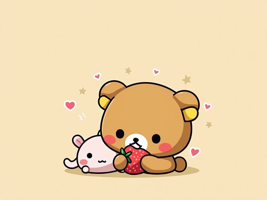 Cartoon illustration of a cute bear and mouse with a strawberry, surrounded by hearts, in a pastel color scheme.