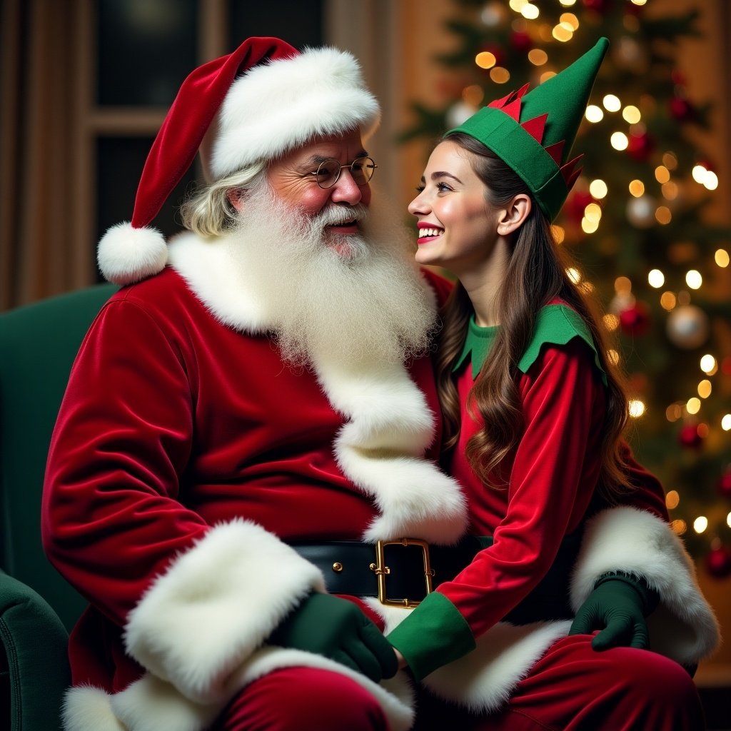 The image features a joyful Santa Claus and a merry elf smiling together in a festive setting. Santa, dressed in his classic red suit with white trim, sports a fluffy white beard and a joyful expression. The elf, in a green and red outfit with a pointed hat, sits closely beside him, radiating holiday cheer. The background is filled with softly lit Christmas decorations and a beautifully adorned tree, enhancing the festive mood. This heartwarming scene captures the essence of Christmas joy and companionship.