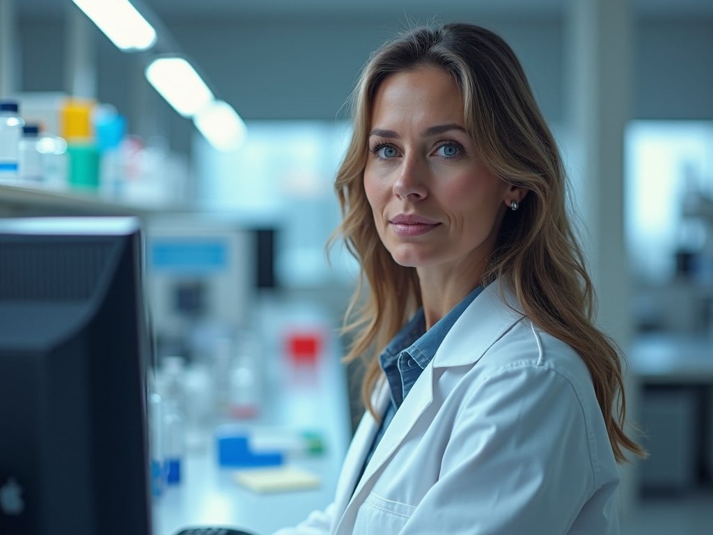 The image showcases an adult woman in a forensic genetics lab. She has long, light brown hair with some gray strands and striking blue eyes. She is wearing a white lab coat and is focused on a computer monitor, analyzing DNA molecules. The environment is modern and well-lit, contributing to a professional atmosphere. The composition emphasizes her role in science, conveying a sense of dedication and expertise. The image is designed to have a stylized 3D appearance with smooth topology, and the materials used are non-reflective with a matte finish, providing a dreamlike saturation of colors.