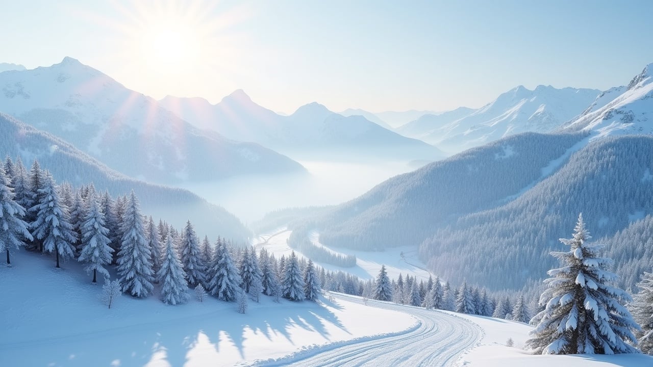 This image captures a breathtaking winter landscape from a bird's-eye view. The photo effect showcases the first snow, with delicate flakes gently falling. The mountains are blanketed in a thick layer of white snow. A winding path cuts through a forest of snow-laden trees, leading toward the serene mountain backdrop. Soft light from the sun enhances the beauty of this peaceful winter scene, creating a serene and tranquil atmosphere.