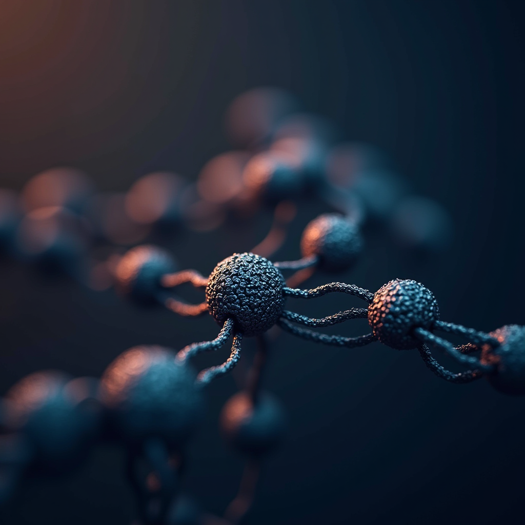 A detailed depiction of interconnected molecules forming a complex structure with a textured surface.