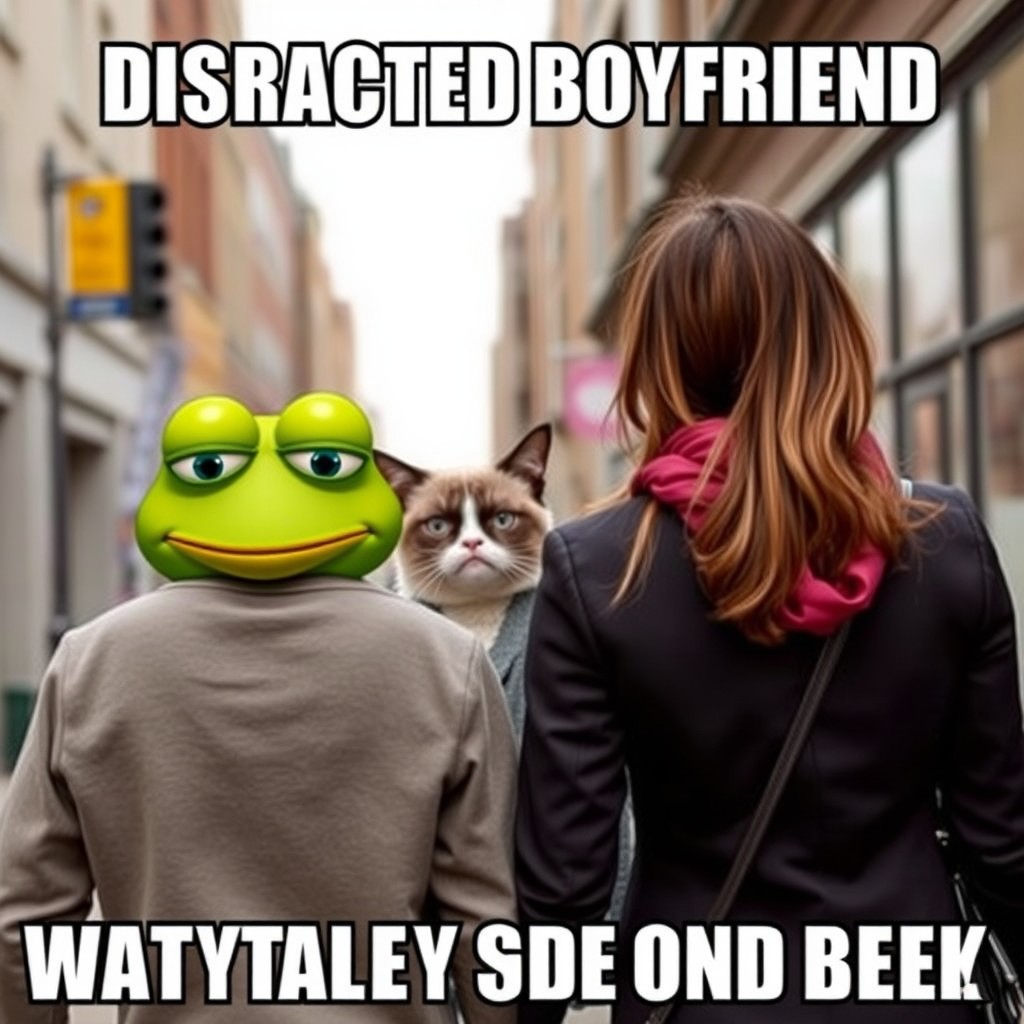 A playful meme mashup featuring a frog emoji and Grumpy Cat with a humorous caption.