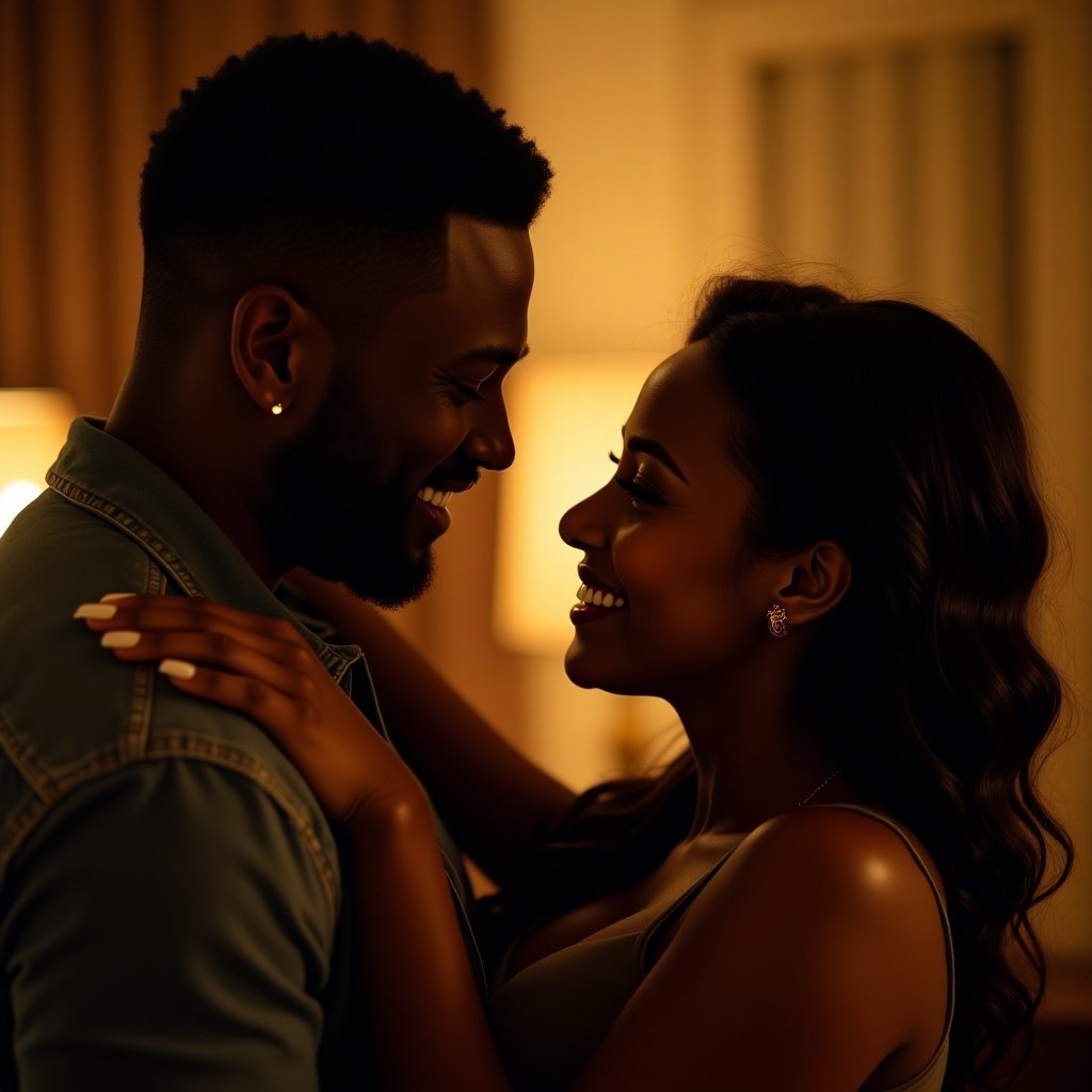 This image showcases a romantic moment between a couple. A black man and woman are gazing into each other's eyes, exuding joy and tenderness. The man's hand rests on the woman's shoulder, emphasizing their connection. Their close proximity suggests a deep emotional bond and affection. The warm, ambient lighting adds a soft glow to the scene, enhancing the intimacy of the setting. This photograph beautifully captures the essence of love in a cozy, inviting environment.