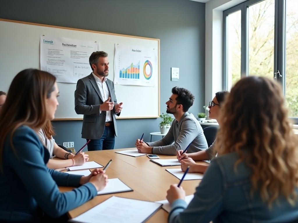 The image depicts a business meeting with a diverse group of six people seated around a large table. A speaker stands at the front, engaging with the audience. The wall displays graphs suggesting data analysis. Natural light fills the room, creating a conducive atmosphere for discussion. Attendees take notes and look attentively at the speaker. The setting is modern and professional, indicating a corporate environment. This scenario represents teamwork and communication in a business context.