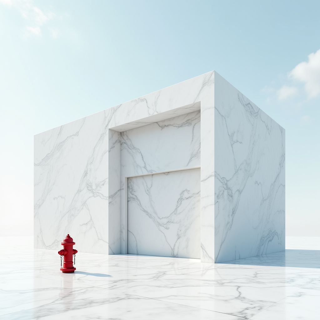 A red fire hydrant contrasts against a minimalist marble cube outdoors.