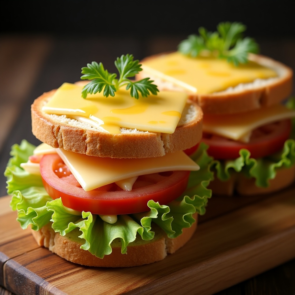 This image features two delicious toasted ham and cheese sandwiches. Each sandwich is filled with layers of melted cheese and fresh ingredients like sliced tomatoes and crisp lettuce. The bread is golden and lightly toasted, highlighting an appetizing texture. A sprig of fresh parsley sits atop each sandwich, adding a pop of color. The warm lighting enhances the ultra-realistic appearance of the food, making it look enticing and ready to eat.