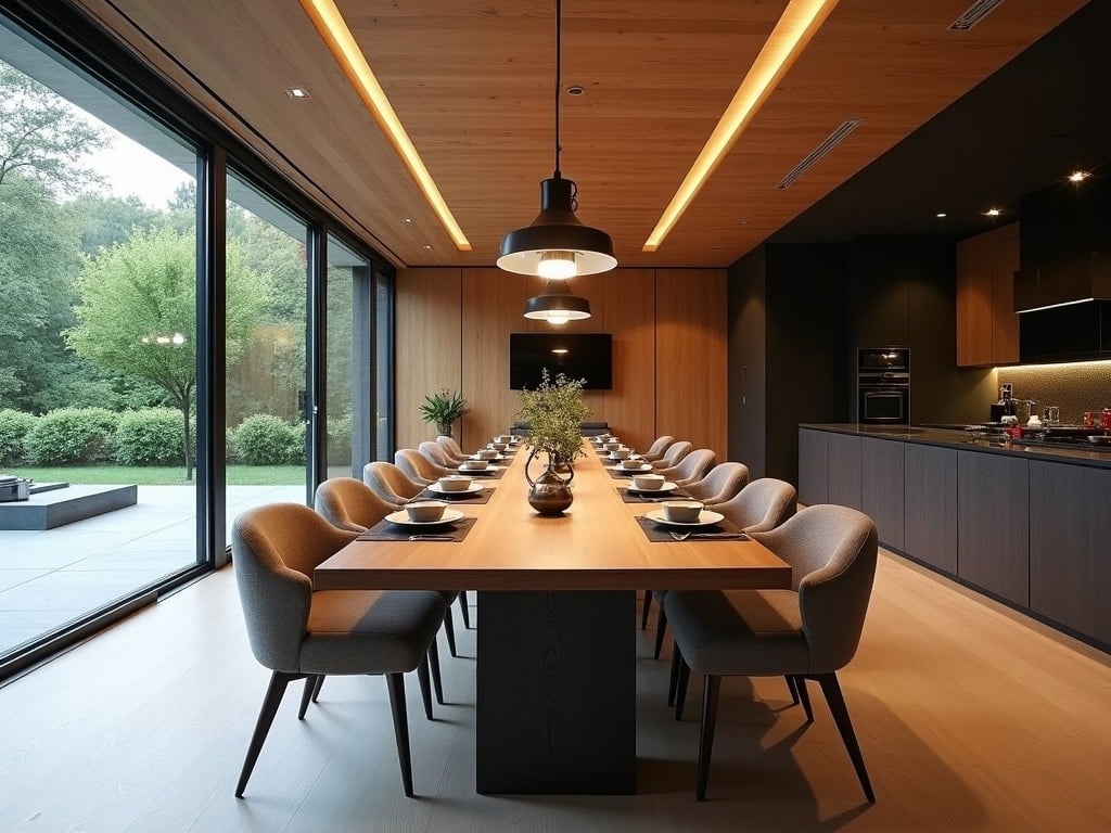 This image showcases a modern dining room with a sleek design. The focal point is a long wooden dining table set with elegant dinnerware, including plates and cutlery. Surrounding the table are several plush chairs that add comfort to the space. Large glass windows provide a view of greenery outside, allowing natural light to fill the room. The walls are a mix of wood and dark accents, creating a contemporary feel. A stylish light fixture hangs above the table, enhancing the warm atmosphere of the area.