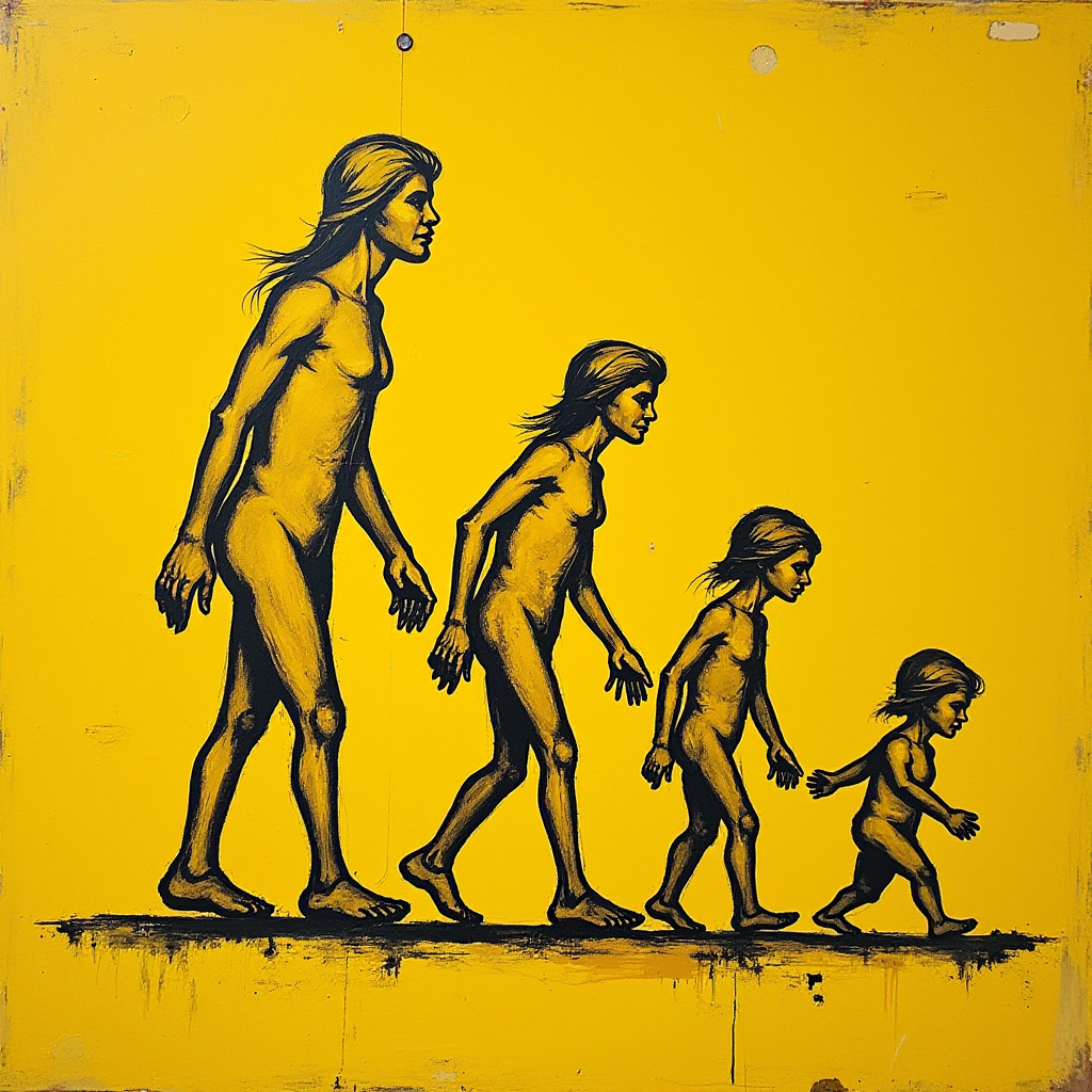 A series of figures depicting reverse evolution from adult to child on a vibrant yellow background.