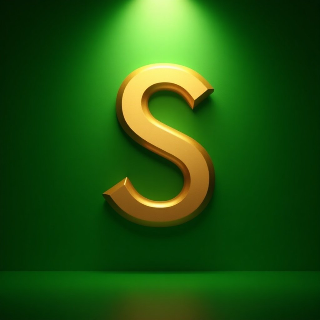 This image features a striking golden letter 'S' set against a vibrant green backdrop. The letter is illuminated by a directed spotlight, creating a three-dimensional effect. The gold color gives a sense of richness and luxury, while the green background adds energy and freshness. Ideal for branding, this aesthetic emphasizes clarity and visibility. The design focuses solely on the letter, making it a compelling visual for various applications.