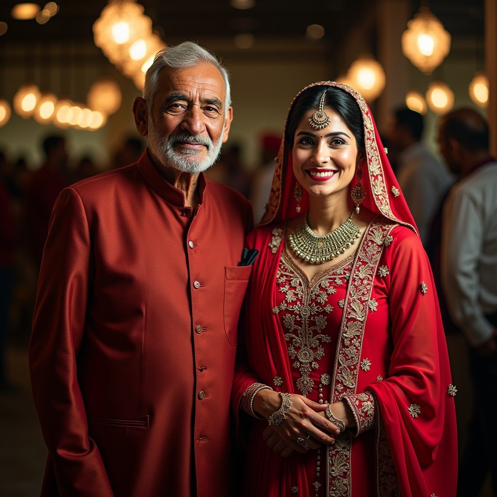 photograph of a man and woman in traditional Indian attire during a wedding, smiling warmly with soft lighting and a cultural backdrop.