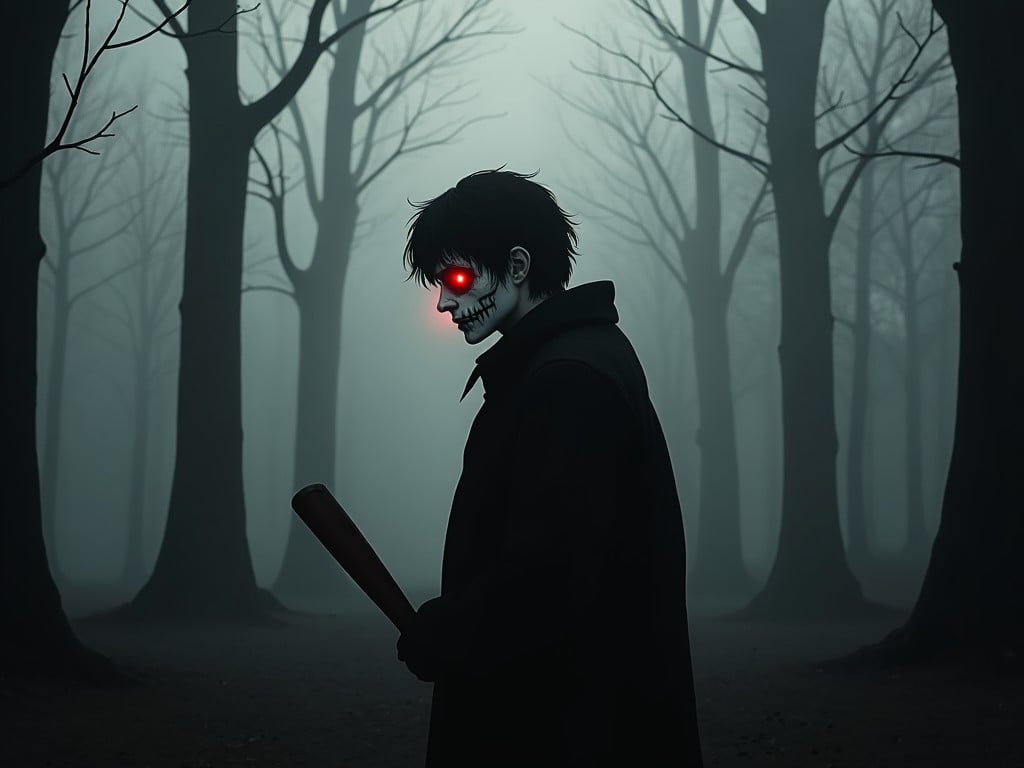 The image depicts a mysterious figure standing in a foggy forest. The figure has a skull-painted face and glowing red eyes, holding a bat. Tall, leafless trees loom in the background, enhancing the ominous atmosphere. The lighting is dim, creating a sense of unease. The overall mood evokes feelings of suspense and fear, typical of horror themes.