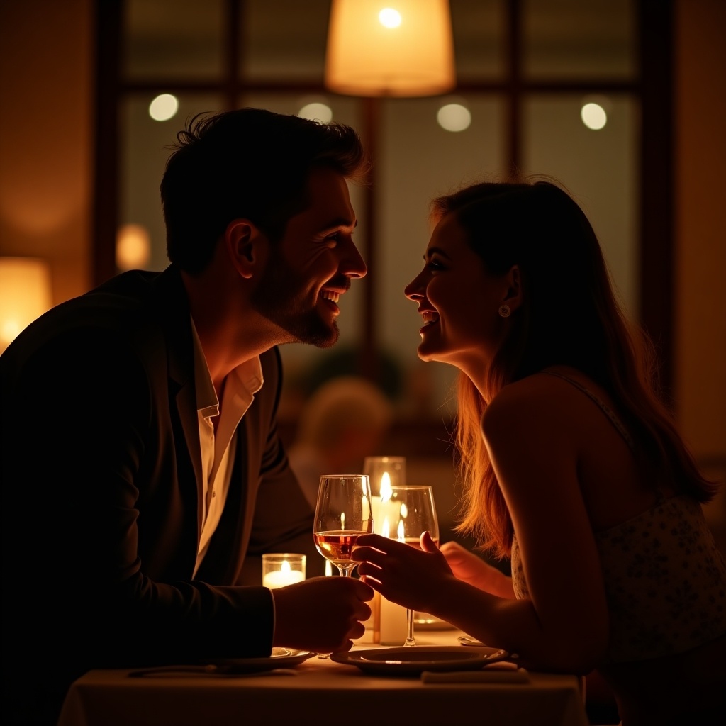 A couple is enjoying a romantic dinner in a dimly lit restaurant, surrounded by the soft glow of candlelight. They are leaning in towards each other, their expressions filled with joy and intimacy. The ambiance creates a warm and inviting atmosphere, perfect for a date night. The table is beautifully set, enhancing the special occasion. This scene captures the essence of love and deep connection between the two individuals.