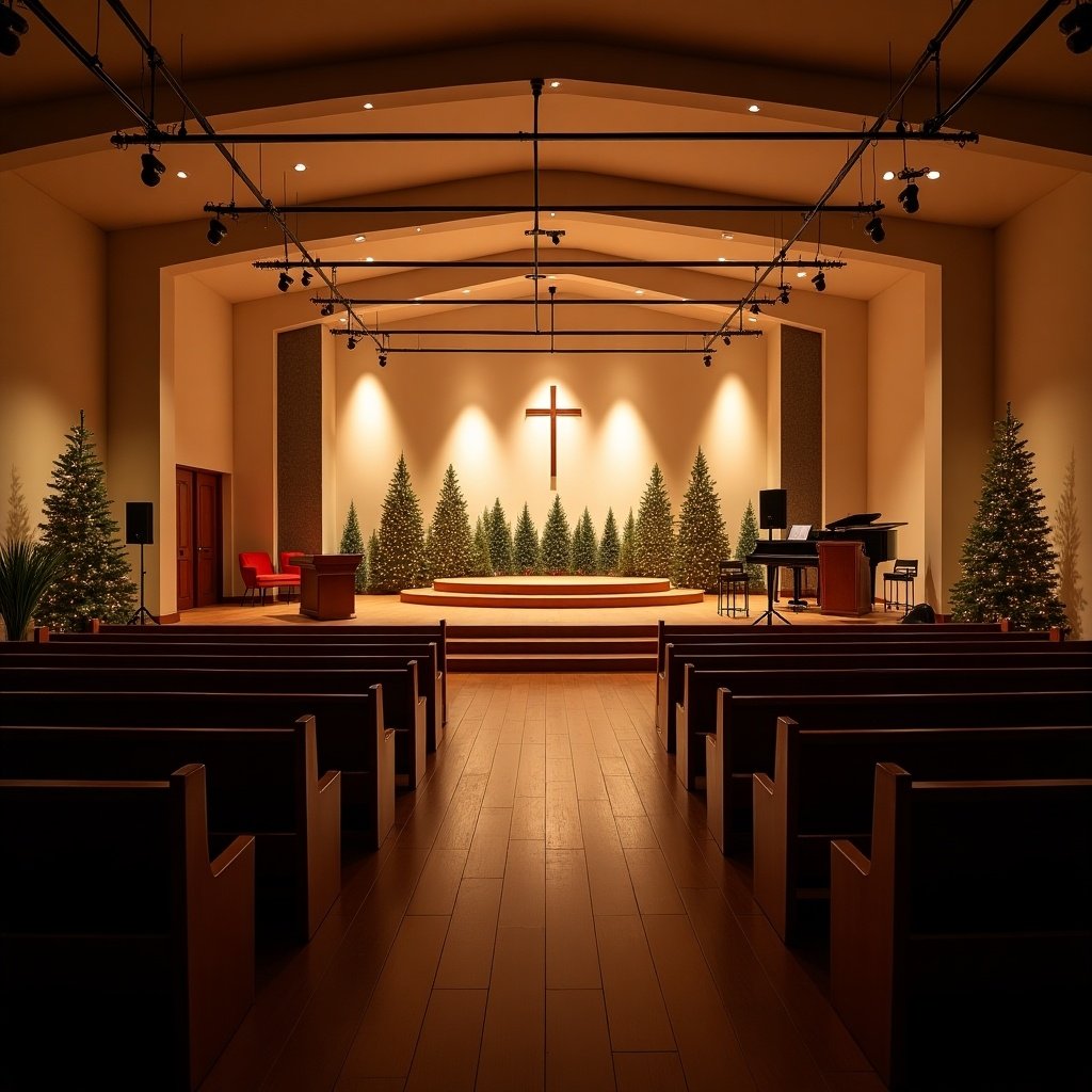 This image showcases a small church service room designed for various religious activities. It features a low ceiling, creating an intimate atmosphere. The stage is adorned with tasteful Christmas decorations, including evergreen trees that enhance the festive feel. Soft lighting has been set specifically to spotlight singers on stage, adding warmth to the scene. The room is inviting, perfect for community gatherings or performances.