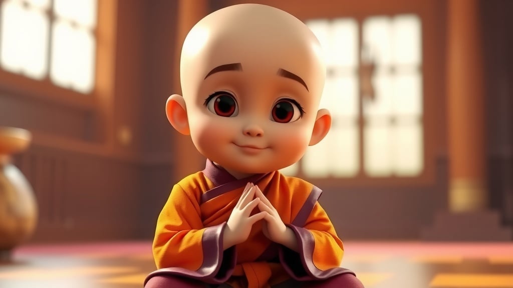 A cute animated character of a young monk sitting peacefully in a softly lit room.