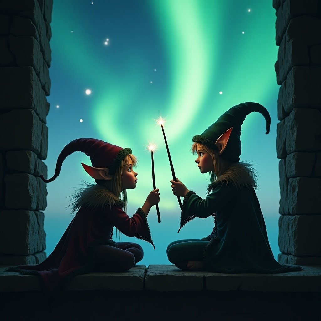 Two elves are sitting together on a stone ledge, facing each other with bright, glittering wands raised. Above them, the northern lights paint the sky in vibrant greens and blues, creating a magical atmosphere. The elves wear festive cloaks and pointed hats, their expressions full of wonder and delight. They seem to be casting a spell or sharing a special moment of friendship. The background is softly illuminated by the auroras, adding to the enchanting scene.