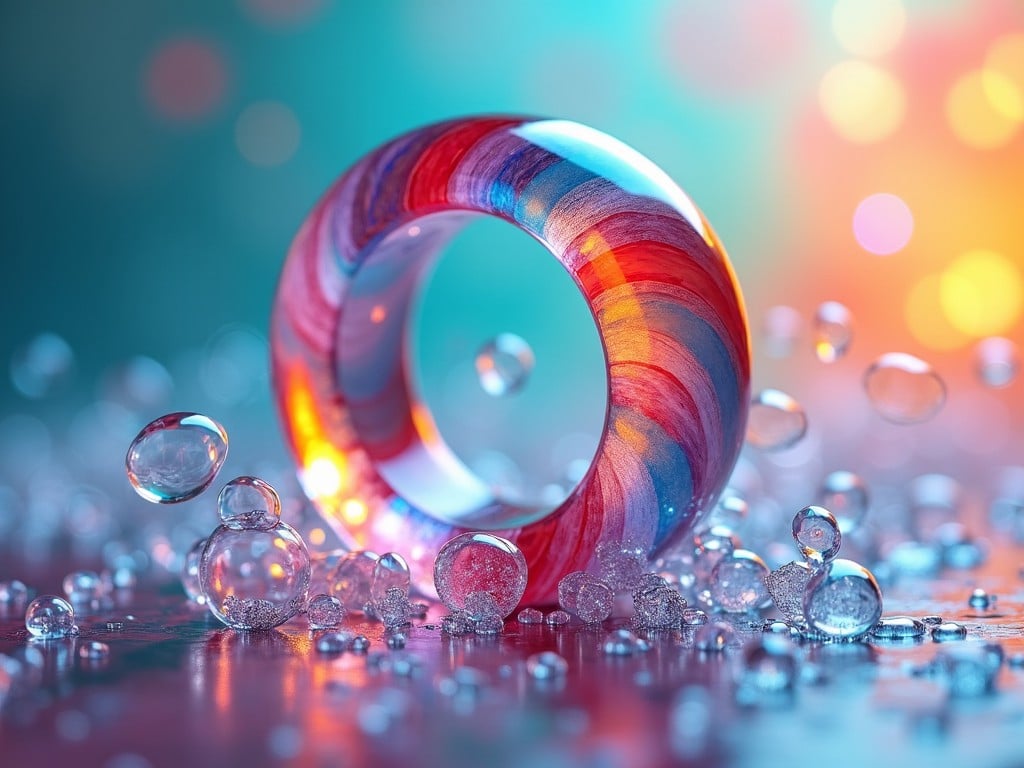 The image features a close-up of a beautifully designed ring with vibrant colors swirling through it. Surrounding the ring are various bubbles, adding a sense of playfulness and texture. The background has a soft bokeh effect, enhancing the artistic feel of the composition. The lighting is soft and radiant, creating a dreamy atmosphere. This image evokes creativity and elegance, making it perfect for showcasing artistic jewelry designs or decorative elements.