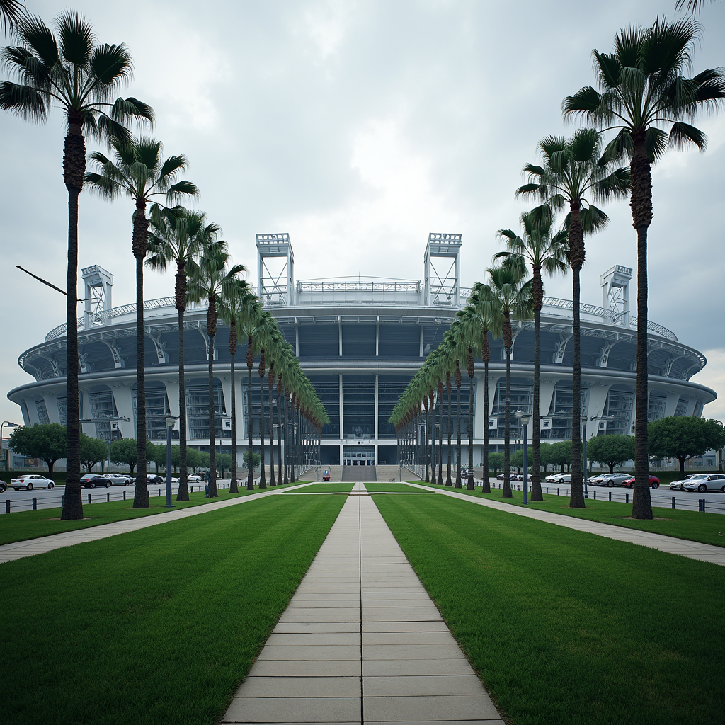 A large, modern stadium is framed by tall palm trees, with a central path leading towards it, under an overcast sky.