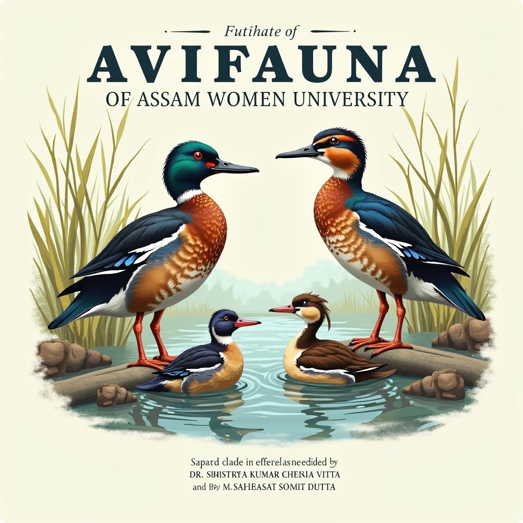 This is the cover page design for a coffee table book entitled 'AVIFAUNA OF ASSAM WOMEN'S UNIVERSITY.' The cover features various water birds including whistling teals, different kinds of kingfishers, woodpeckers, parrots, and Indian rollers. The illustrations are vibrant and showcase the birds in a natural habitat, complete with flora surrounding a water body. The title is prominently displayed at the top, edited by Dr. Suryya Kumar Chetia and Ms. Sahasmita Dutta, making it clear this is both an educational and artistic publication. The overall design aims to attract bird lovers and scholars alike.