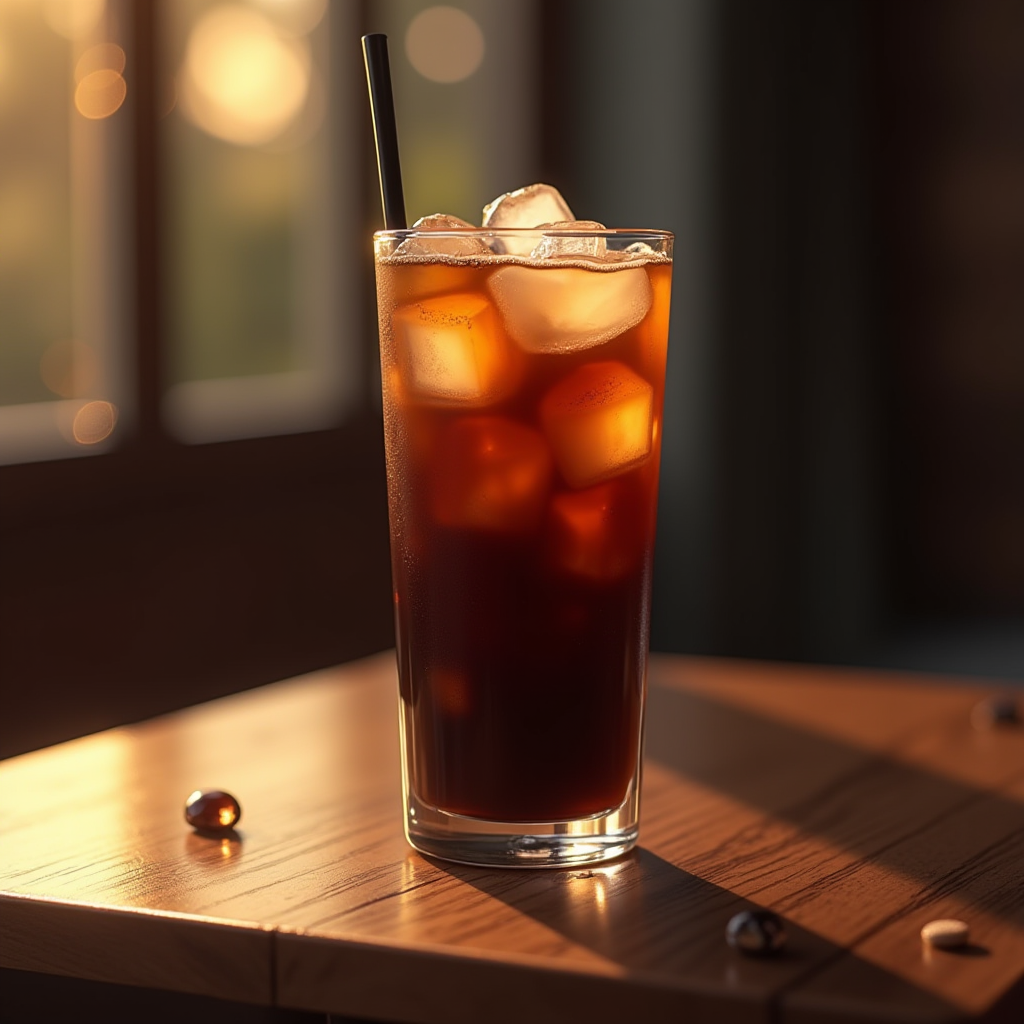 A glass of iced coffee with sunlight streaming in, highlighting the ice cubes and creating a warm, inviting atmosphere.