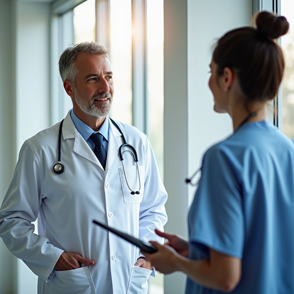 The image depicts a doctor in a white coat and stethoscope engaged in conversation with a nurse. They are situated in a hospital environment, characterized by large windows that let in soft natural light. The doctor appears approachable and attentive, while the nurse is holding a tablet. This interaction suggests collaboration in patient care. The scene conveys a sense of professionalism and teamwork. The background is lightly blurred, emphasizing the focus on the healthcare professionals.