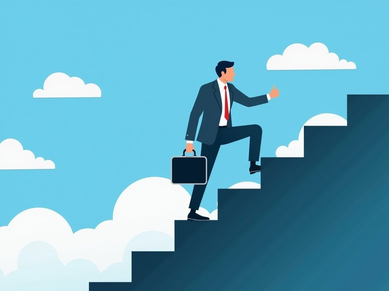 The image shows a person in formal attire climbing a set of stairs that lead up into a bright sky filled with fluffy clouds. The individual holds a briefcase, symbolizing professionalism and business. The stairs appear to be part of a modern structure, emphasizing a sense of progress and ambition. The background is a vibrant blue, creating a contrast with the white clouds. The overall mood conveys a sense of upward mobility and determination.