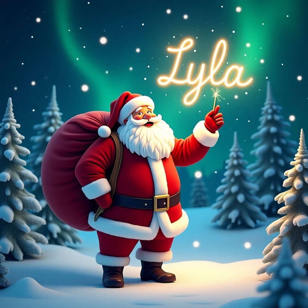 The image features a cheerful Santa Claus standing in a snowy landscape. He has a large red sack slung over his shoulder and is holding a sparkly wand. Santa is dressed in his traditional red and white outfit, complete with a belt and boots. Behind him, the night sky is illuminated with twinkling stars. Pine trees dot the snowy ground, encapsulating a festive winter atmosphere.