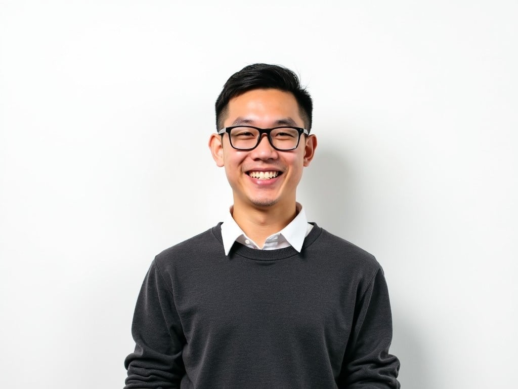 A person is standing in front of a plain white background. They are wearing a dark grey sweater over a white shirt. The person has short hair and is wearing glasses. They are smiling slightly, showing their teeth. The overall appearance is friendly and approachable, with a well-groomed look. The lighting is bright and emphasizes the clean aesthetic of the image.