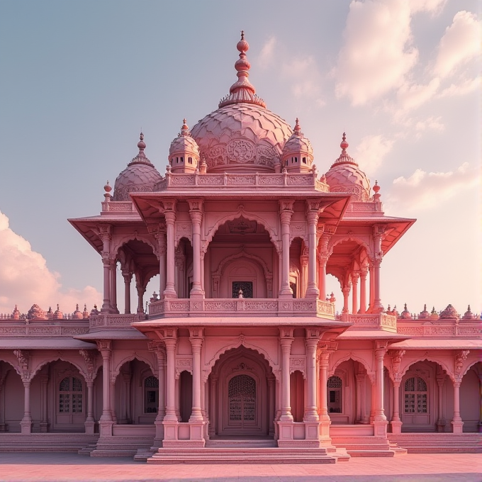 A grand, intricately designed temple bathed in pink and bathed in gentle sunlight.