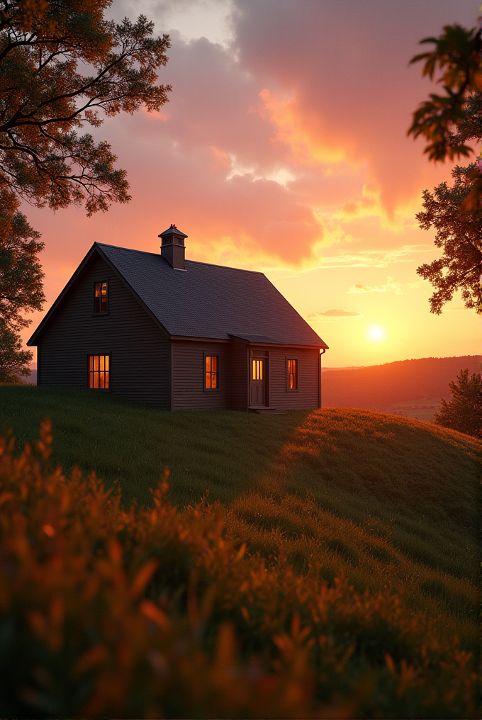 A small house sits on a grassy hill as the sun sets, casting a warm, golden glow.