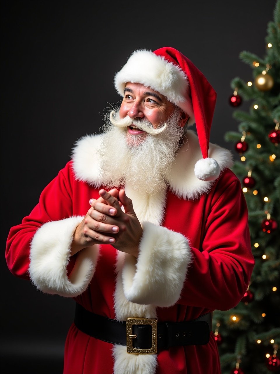 Santa Claus joyfully posing with a decorated Christmas tree in the background, wearing a traditional red and white outfit, with a joyful expression, against a dark backdrop