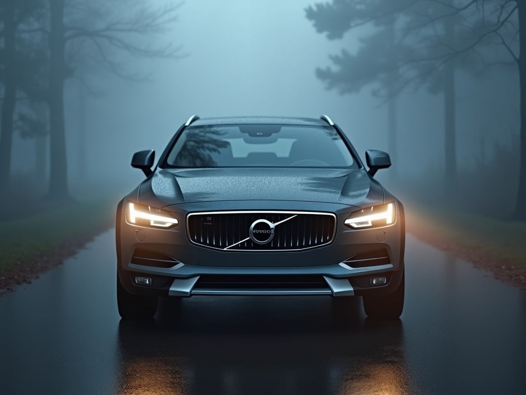 A Volvo V90 Cross Country in dark grey color is featured prominently on a foggy morning. The fog that envelops the scene creates a mystical atmosphere, showcasing the vehicle's elegant design. The car's headlights shine brightly, piercing through the dense fog and illuminating the surroundings. Soft glows from the lights add a cinematic effect to the overall mood. This scene captures a serene moment in the automotive world, blending the beauty of nature with the sophistication of the vehicle.