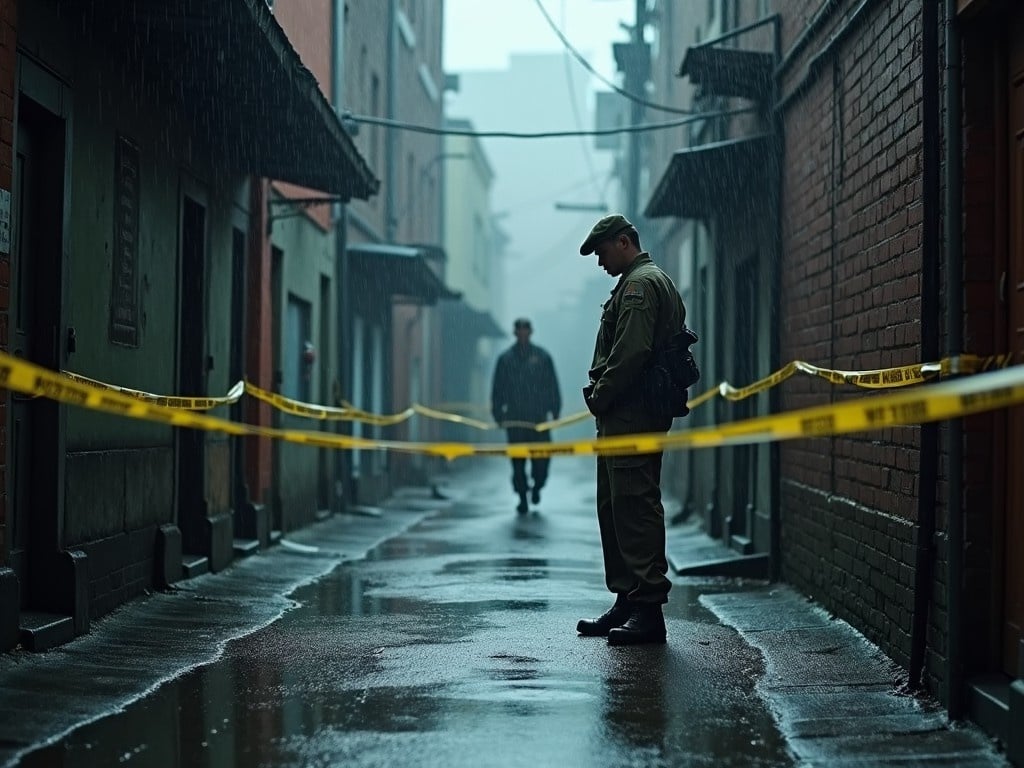 This image depicts a gloomy, rain-soaked alley encased in a somber atmosphere. Police tape surrounds a body, emphasizing the crime scene. A military officer stands in shock at a distance, capturing the moment's gravity. Detectives are busy around the scene, adding to the feeling of urgency. The relentless rain adds layers of tragedy, deepening the emotional weight of the surroundings.