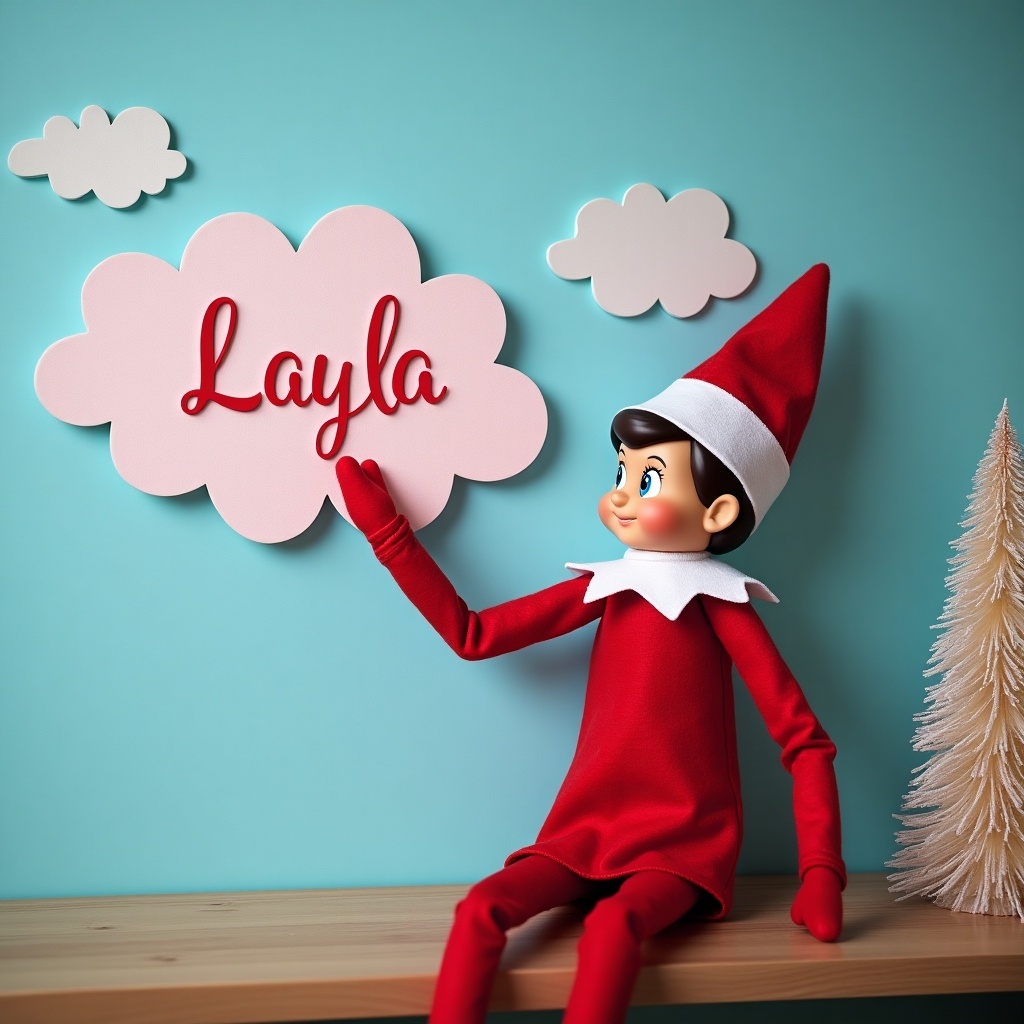 The image features an Elf on the Shelf character in a cheerful setting. The elf is in red attire with a cute face, joyfully writing the name 'Layla' in pink letters. In the background, there are fluffy cloud shapes enhancing the whimsical feel. The scene is lit softly, creating a warm, inviting atmosphere. A small, decorative tree adds to the holiday vibe, making it perfect for festive themes.