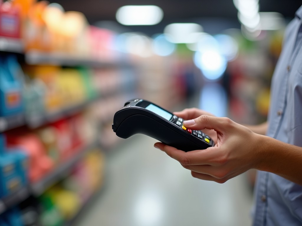 A person is holding a card payment machine while standing in a retail store. The individual is focused on the device, possibly processing a transaction. The background features colorful product displays on shelves, creating a vibrant shopping atmosphere. The lighting is bright, highlighting the device in the person's hands. This setup represents modern retail technology and the payment process.