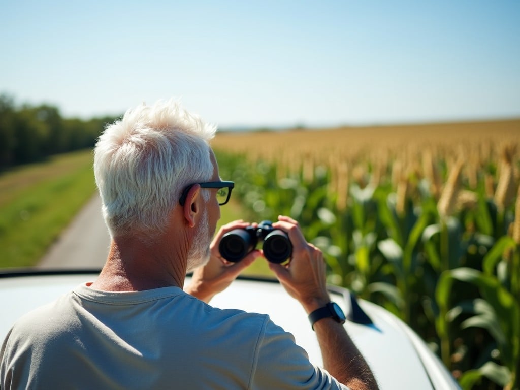 A man with white hair using binoculars to observe a sprawling field of corn. He stands atop a vehicle, facing the vast landscape under a clear blue sky, suggesting a scene rich with curiosity and a sense of adventure.