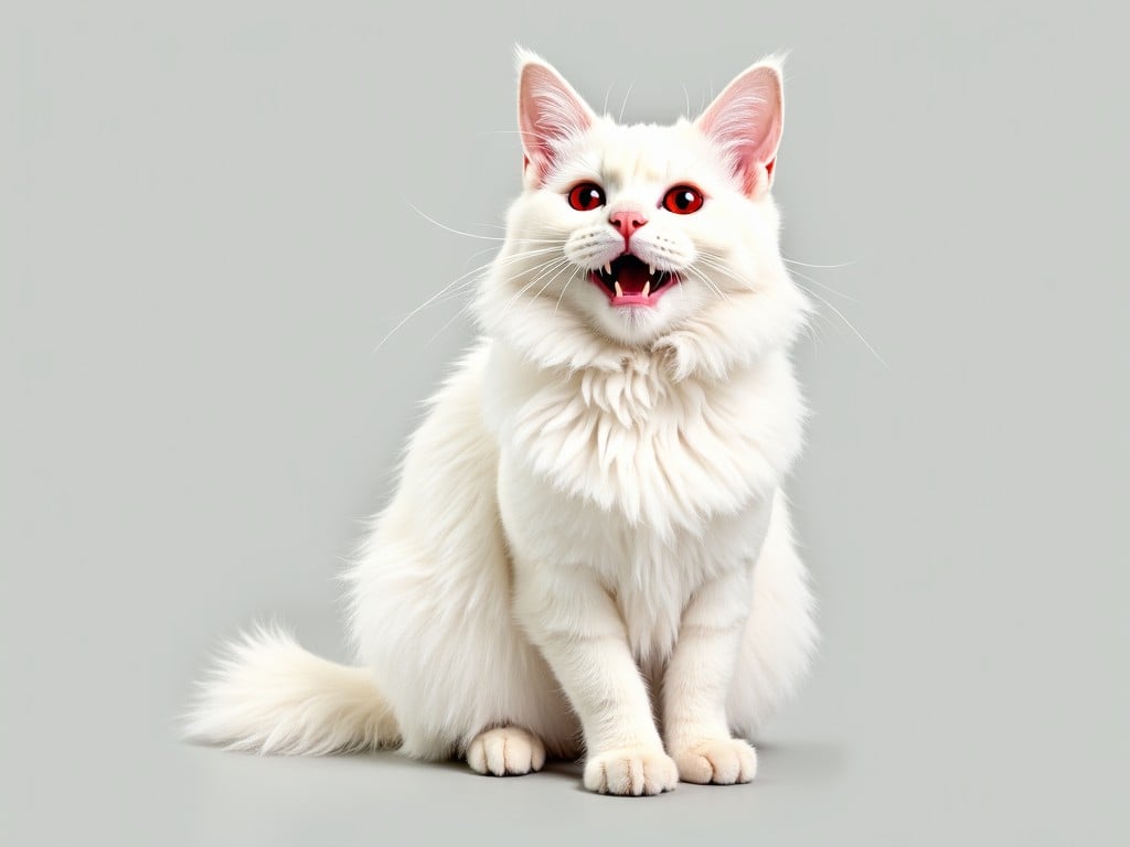 A realistic digital illustration of a fluffy white cat with red eyes, sitting calmly and looking directly at the viewer.