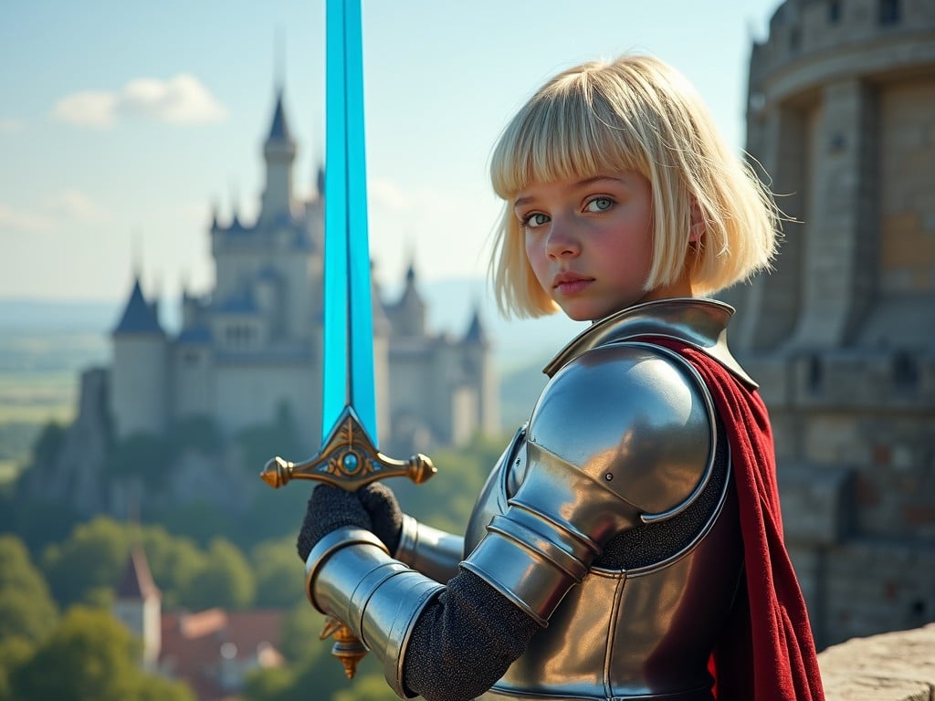 This captivating image showcases a young knight clad in shining armor, holding a luminous blue sword. The backdrop features a majestic castle with spires reaching into a bright blue sky. The scene captures an enchanting, almost fairy-tale ambiance, highlighting the knight's youthful determination and courage.