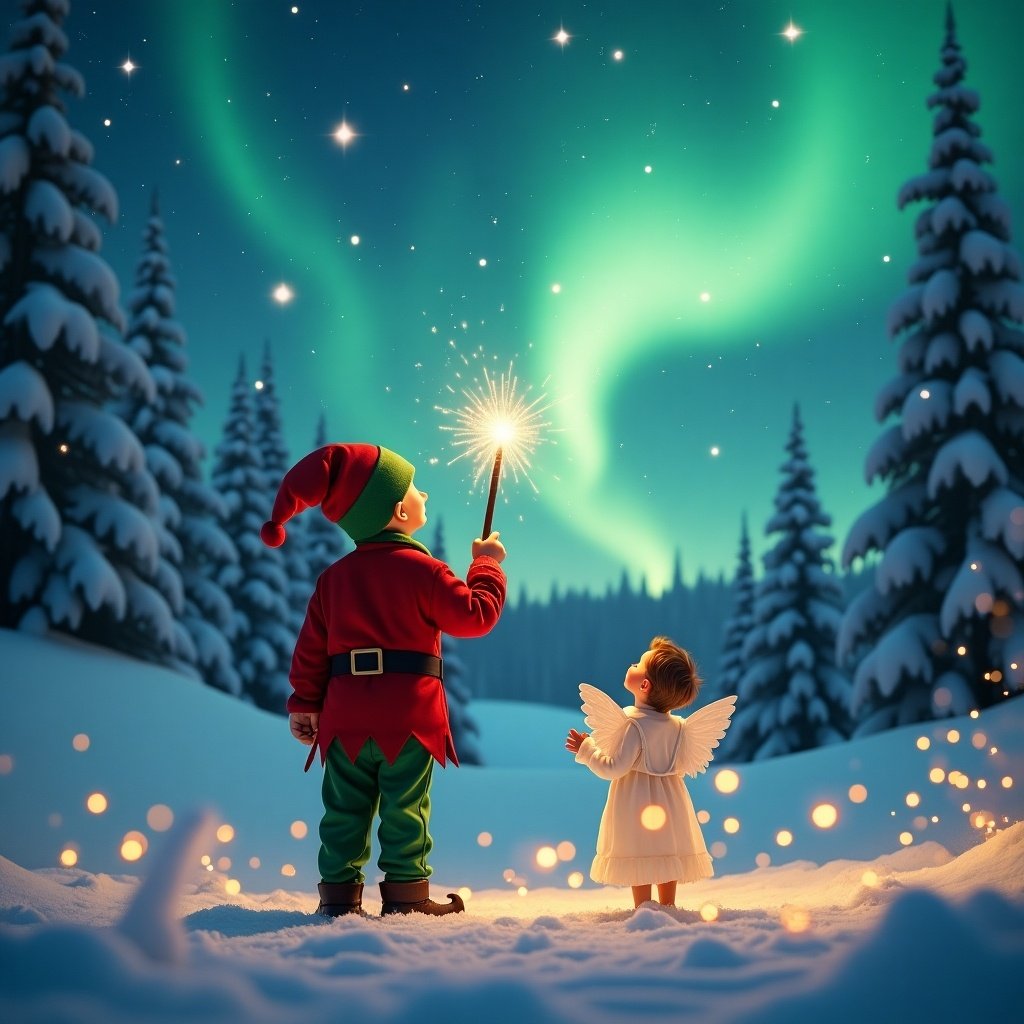 A child dressed in an elf costume stands with their back to the viewer, gazing at the sky as they wave a wand, spelling out the name 'Ashtyn'. The atmosphere is filled with magic, highlighted by the northern lights shimmering above a serene winter landscape adorned with snow-laden trees. Twinkling lights sparkle in the foreground, enhancing the cozy and festive mood. Beside the elf, a small angel, also observing in wonder, adds to the enchanting scene. The setting captures the joy and excitement of the holiday season, making it perfect for festive celebrations.