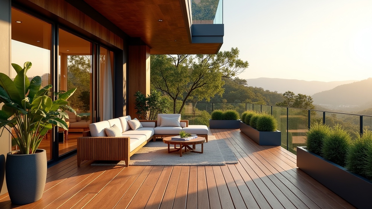 This image captures a stunning outdoor terrace bathed in warm sunset light. The terrace, made of elegant wood, features comfortable lounge furniture and lush potted plants, offering a serene view of distant rolling hills and abundant foliage. The sleek glass railing adds a modern touch, enhancing the terrace's open and airy feel.