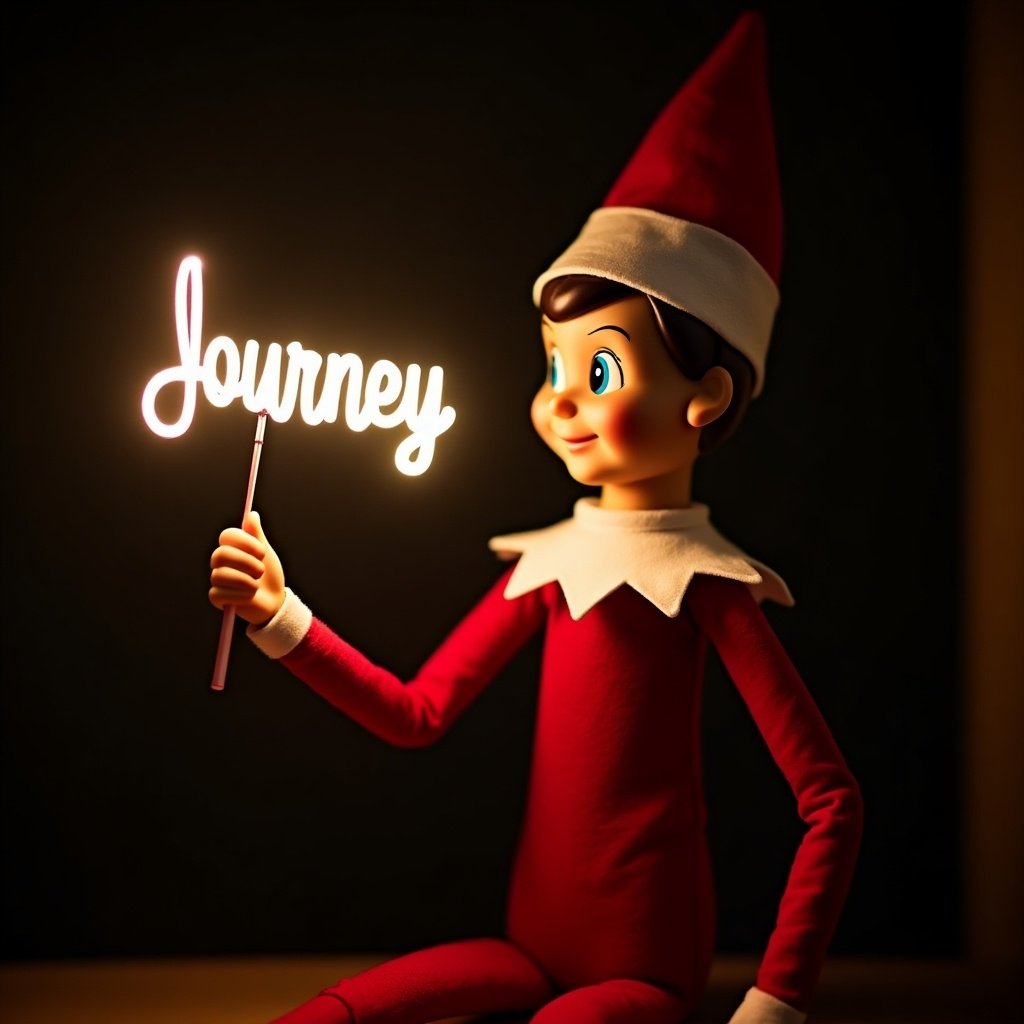 This image features a charming elf on the shelf character, dressed in traditional red and white attire, embodying the spirit of Christmas. The elf is holding a glow stick that creatively forms the word 'Journey' in bright, soft light. A dark background contrasts with the glowing text, enhancing its magical effect. This creates a warm, festive atmosphere associated with the holiday season. Viewers can sense the joy and cheer that this scene evokes, making it perfect for holiday-themed content.