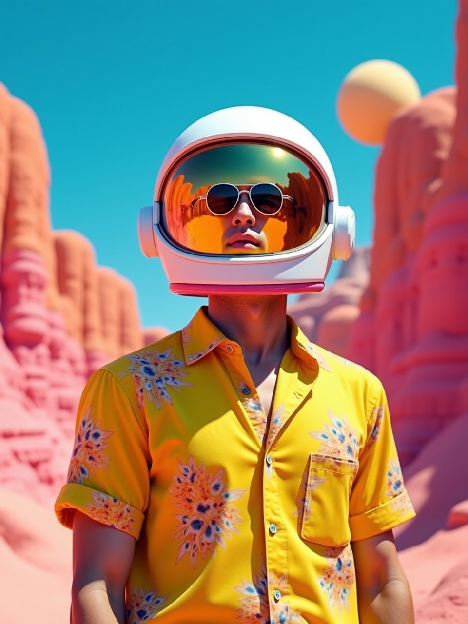 A striking visual of a person wearing an astronaut helmet paired with a vibrant yellow floral shirt, set against a surreal desert landscape with pink rock formations. The juxtaposition of space elements with a casual, warm-weather outfit creates a dreamlike atmosphere, suggesting a fusion of exploration and leisure.